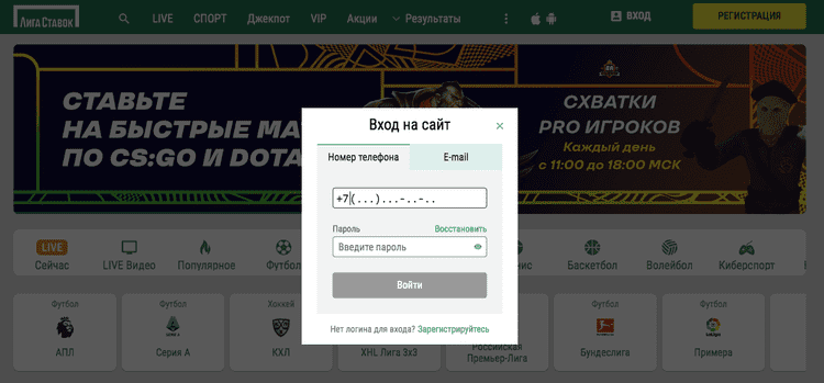 Окно входа в аккаунт